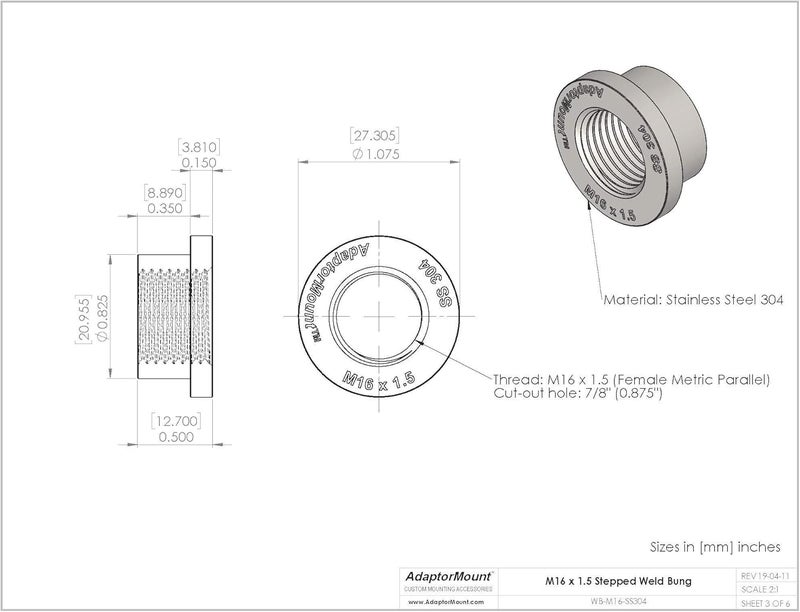 AdaptorMount M16 x 1.5 Stainless Steel 304 Female Threaded Stepped Weld Bung Metric Mounting Boss Fitting (OD 7/8") with Top Head (OD 1.1") - Image 5